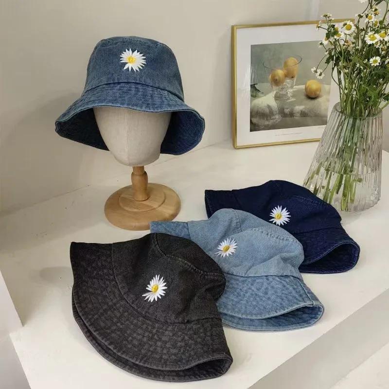 Korean New Ins Daisy Embroidery Bucket Hats Women Men Panama  Summer Sun Hat Fashion Flower Bob Washed Denim Basin Cap