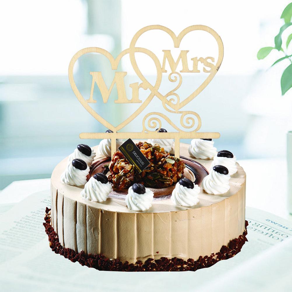 Wooden Wedding Cake  Topper Simple Mr&mrs Letter Love Shape Birthday Weddings Engagements Anniversary Party Cake Decoration Card