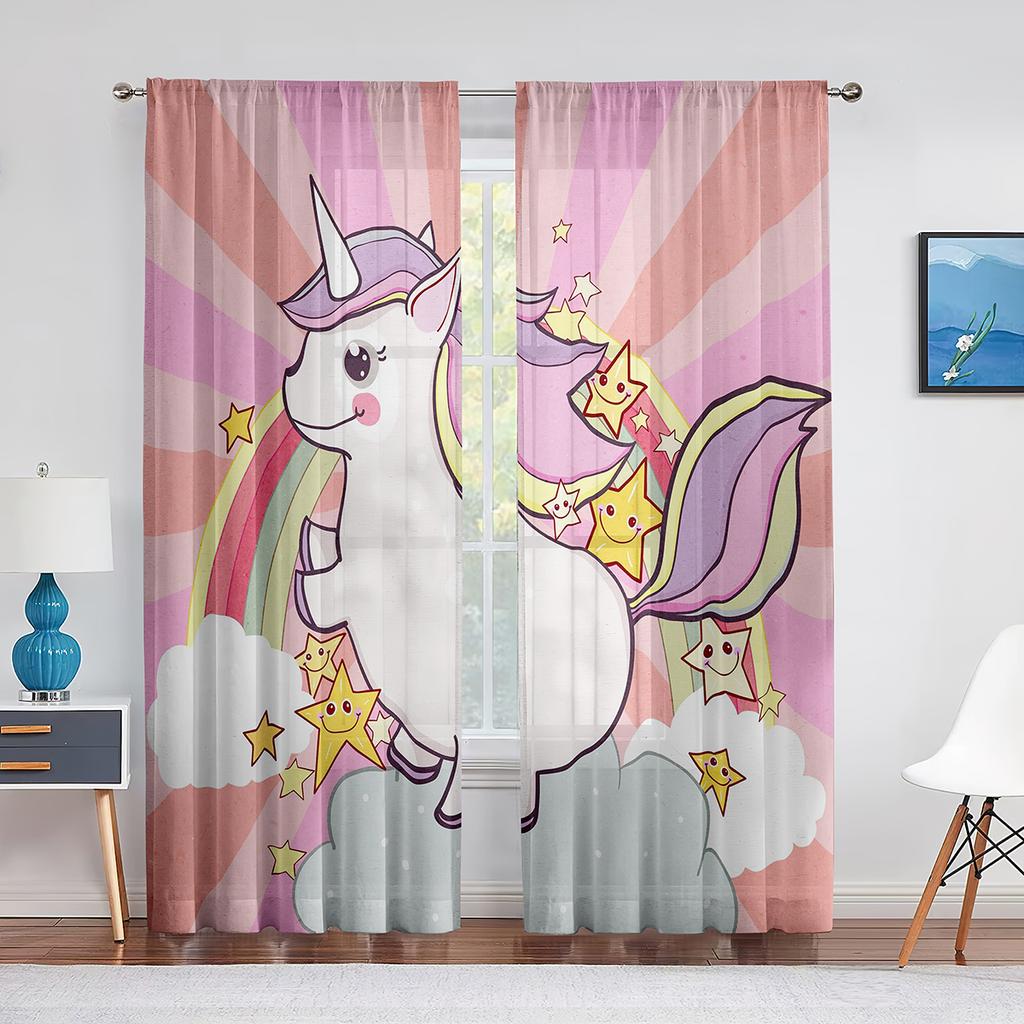 Colorful Unicorn Rainbow Print Pattern Sheer Voile Curtains for Bedroom Living Room Kitchen Decor Chiffon Tulle Windows Curtain