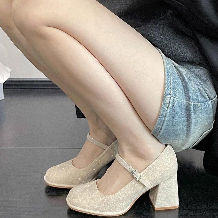 Princess style increases height and shows legs long dress shoes summer matching skirt versatile one-word buckle Mary Jane high heels