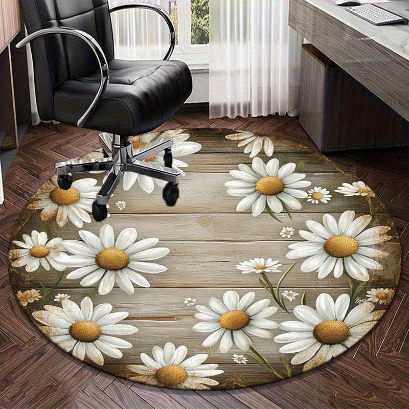 1pc Charming Daisy Floral Round Rug - Rustic Wood Print Design, Polyester Fabric, Suitable for Bedroom Living Room