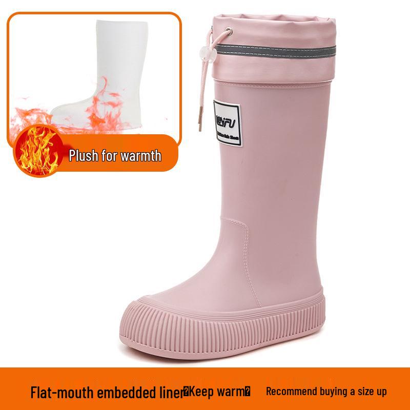 Women's High Tube Japanese Style Fleece-Lined Waterproof Rain Boots - Non-Slip, Lightweight & Wear-Resistant.
