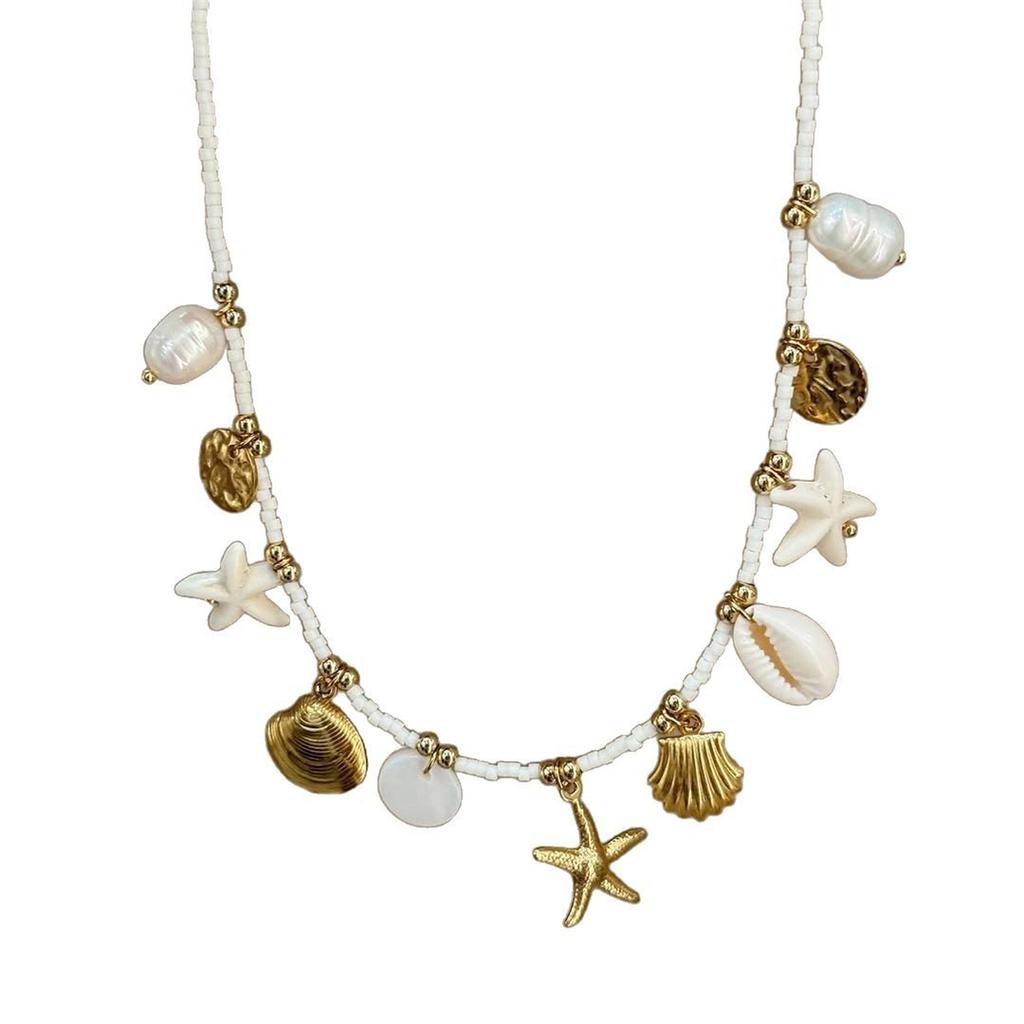 Bohemian Beach Shell Necklace Imitation Pearl Sea Star Conch Pendant Necklace Jewelry Gold Plated Color Preserved