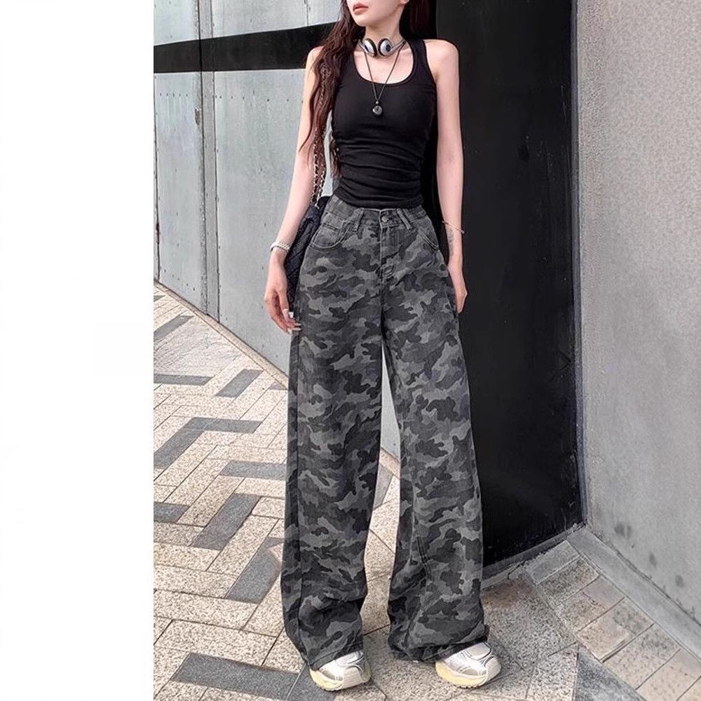 Dámské retro bavlněné kalhoty s maskáčovým vzorem a širokými nohavicemi - Kolekce jaro/léto 2025, Volný střih plus size