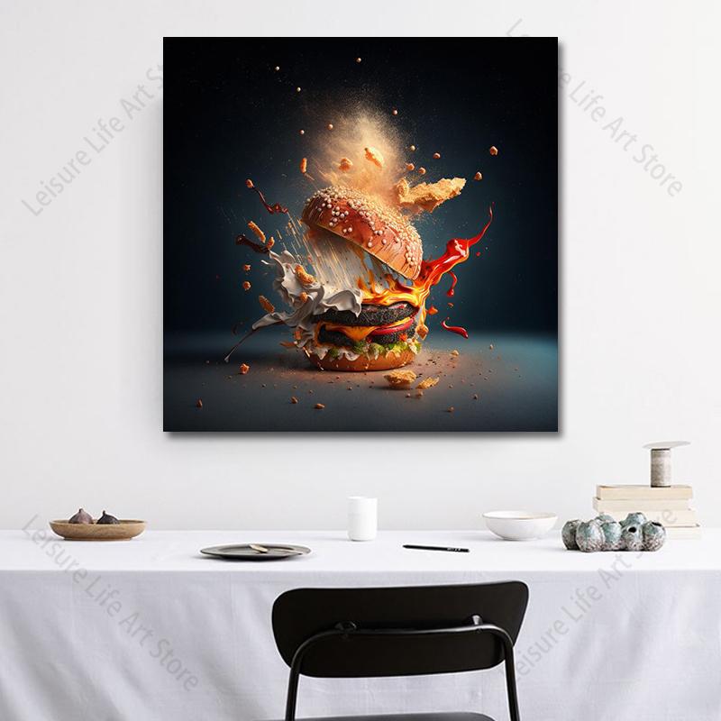 Modern Art Chicken Burger Canvas Painting Food Art Fast Food Hamburger Poster and Prints for Living Room Restaurant Wall Decor