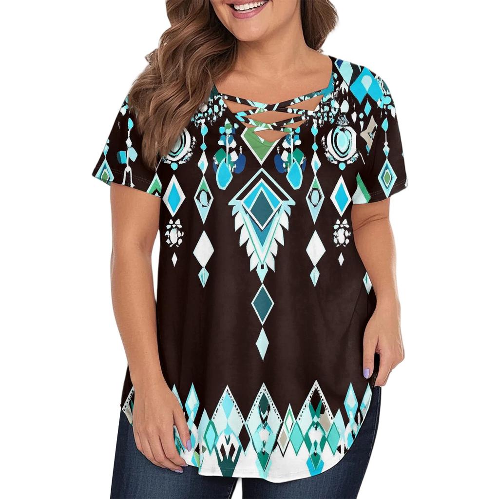 Women's Fashion Casual Printed V-Neck Short Sleeve Large Size T-Shirt Top