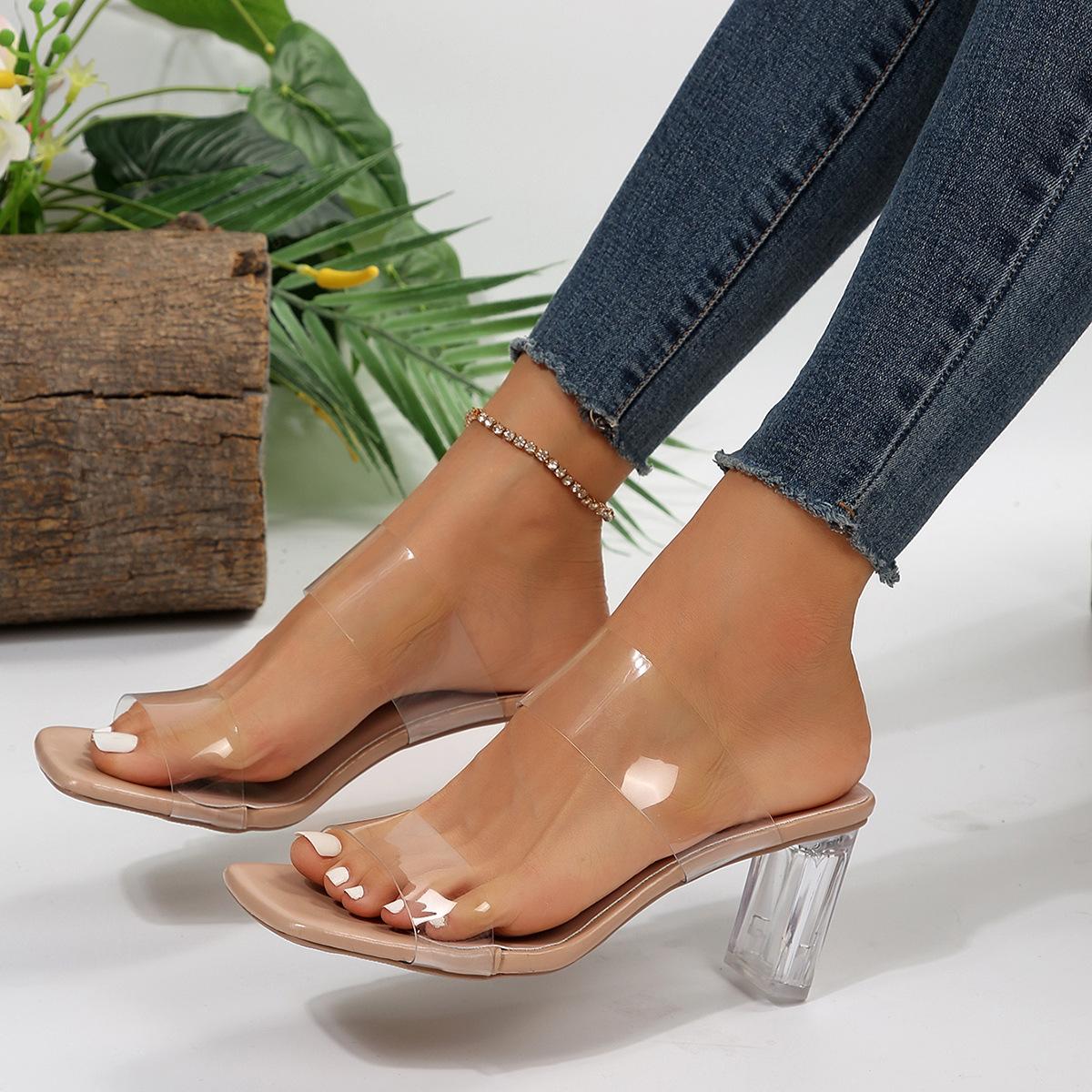 

Large size square head high-heeled sandals women s summer 2025 new fashionable versatile transparent belt crystal and cool slippers women 42 абрикосовий