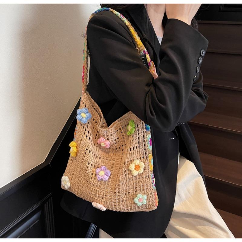 

Knitted shoulder bag small flower messenger bag girl small fresh backpack seaside beach bag One Size хаки