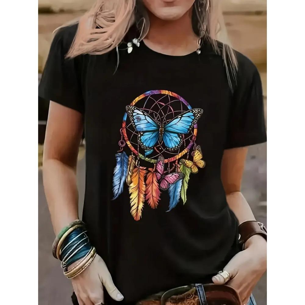 

90s T Shirt Butterfly Graphic Print T-shirt Short Sleeve Crew Neck Casual Top for Summer Spring Women s Clothing Top Tee M