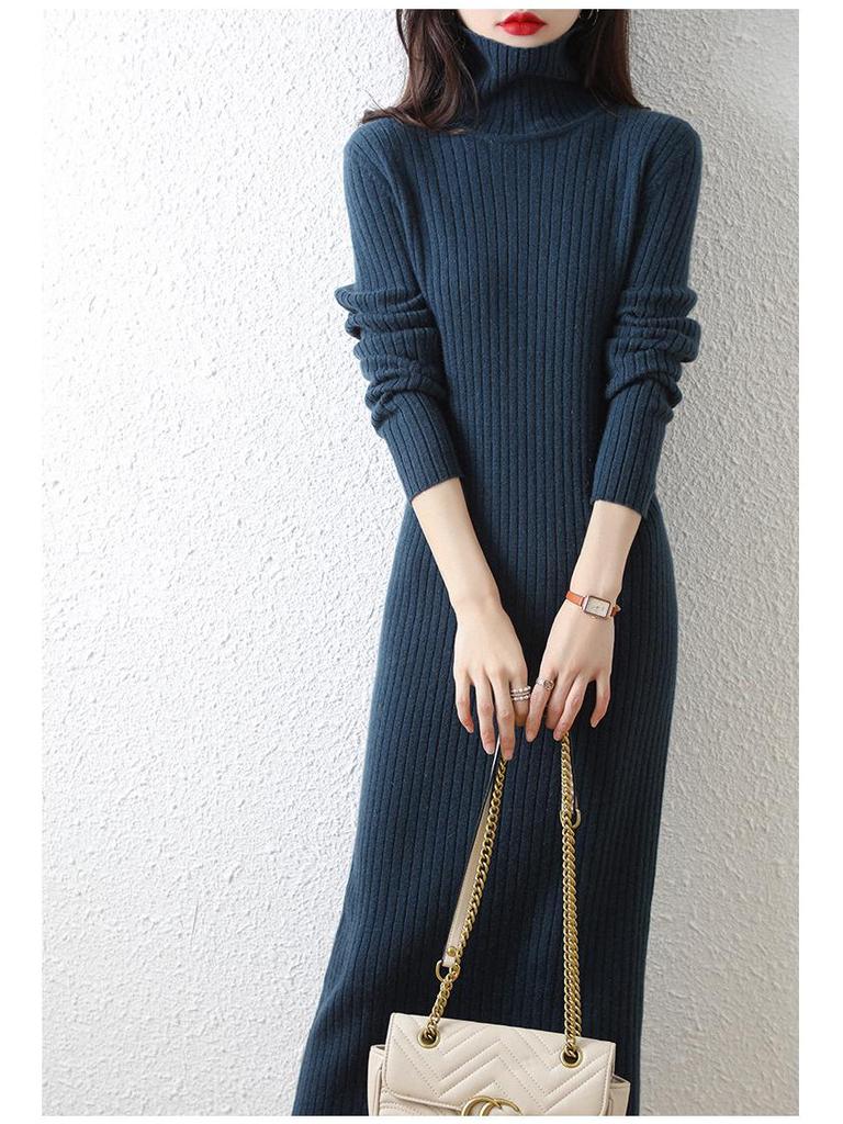 2022 Women’s High-Neck Ribbed Wool Knit Dress - Slimming Over-the-Knee Base Layer