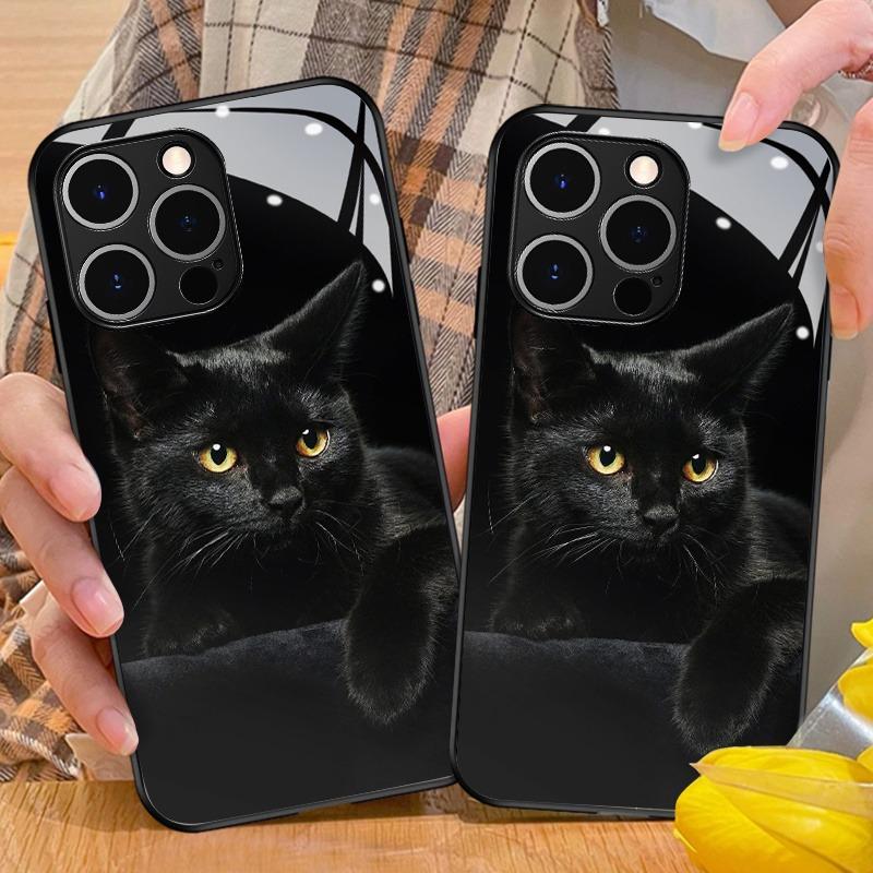 Cute Black Cat Pattern Tempered Glass Black Phone Case For iPhone 17 Pro Max 16 15 14 13 12 11 Pro 17 Air 7 8 Plus XR XS X Cover