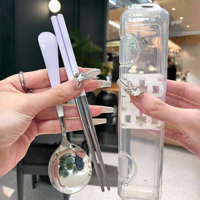 Stainless Steel Portable Cutlery Set Spoon Chopsticks Student Travel Korean Style Portable Cutlery Set With Box Kitchen Supply