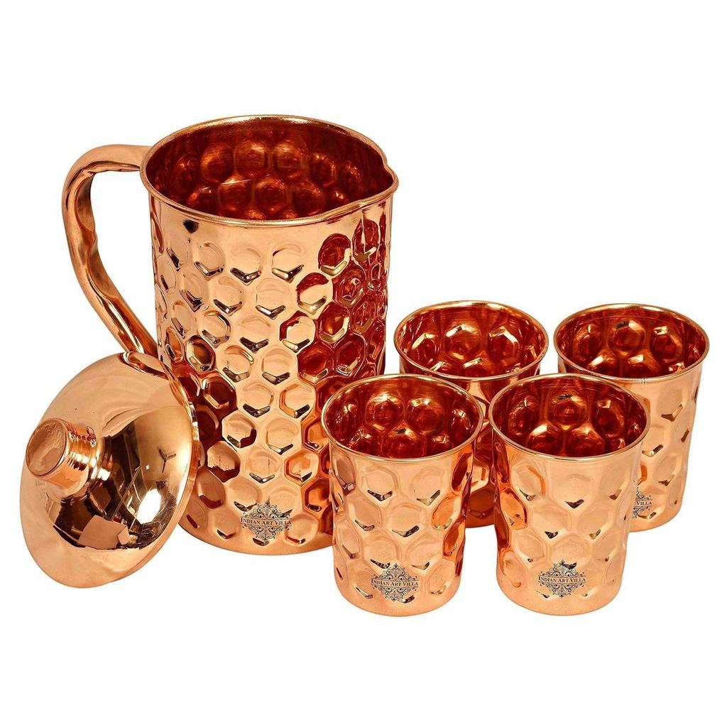 Diamond Hammered Copper Jug Pitcher with 4 Glass Set, Storage & Serving Water Home Restaurant, 5 Pieces