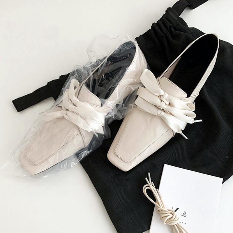 Fashion Retro Square Toe Leather PU Women Loafers Comfort Low Heel Bow Tie Designer Mules Casual Shoes for Women Elegant Ballet Flats