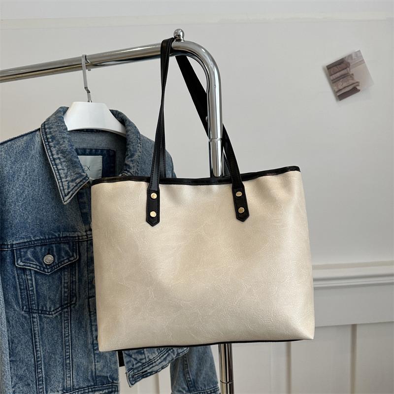 Elegant Black White Brown Pu Large Capacity Tote Bag For Women Stylish Casual Spring