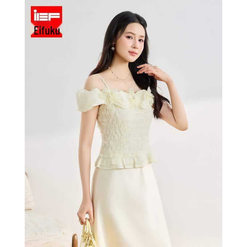 IEFIEF French Sweet Off-Shoulder Ruffle Top M