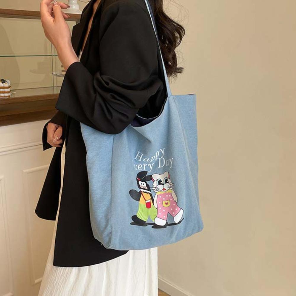 Cartoon Animal Denim Blue Handbag Large Capacity Women Canvas Bag Cute Double-sided Tote Bag  Daily