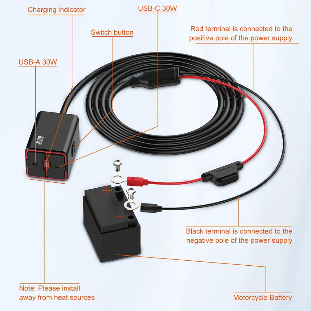Motorcycle USB-C Fast Charger PD+QC3.0 60W Waterproof Socket Type C Cell Phone 12V/24V Vehicle-Mounted Charger Adapter Accessory
