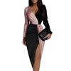 2022 Ethnic Style Color Block High Waist Mid-length Commuting Dress with Long Sleeves and Shiny Waist