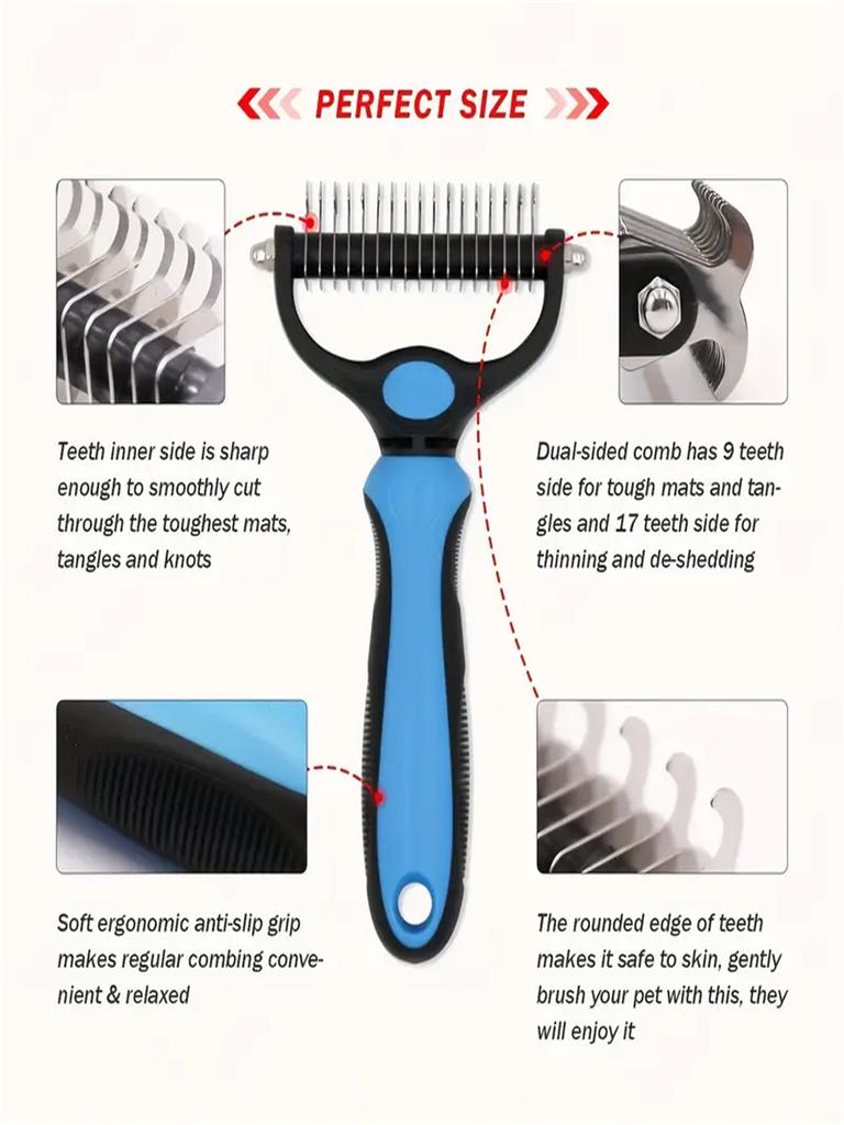 Ergonomic Double-Sided Undercoat Rake - Comfort Grip Dematting & Deshedding Brush Tool, Stainless Steel Teeth, Gentle on Skin, I