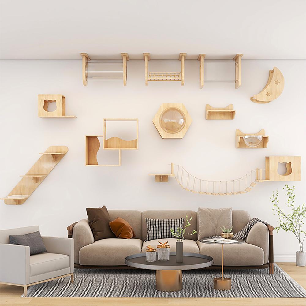 Wall Mounted Wooden Cat Shelves Jumping Furniture Cat Climbing Tree Scratching Post Hammock Stairs Playing Climbing Frame