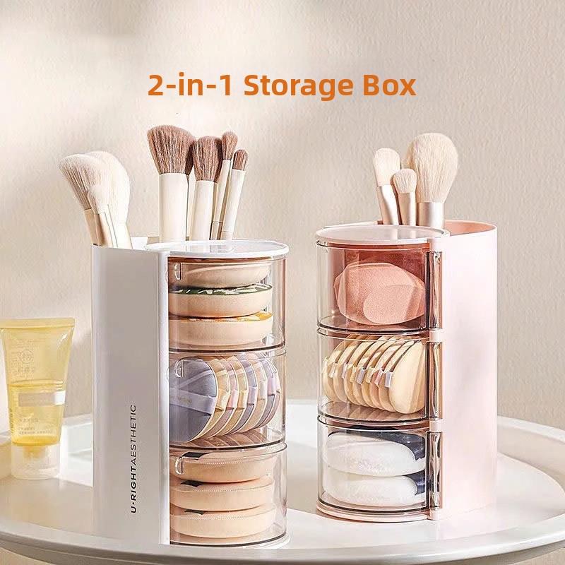 360-Degree Rotating Cosmetic Storage Box Dustproof Multi-Functional For Storing Brushes Sponges And Lipstick