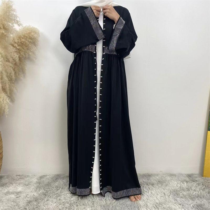 

New Arrival Middle East Pure Color Hot Drilling Beading Shoelace Cardigan Robe Dress Lace up Cardigan Dress Black S