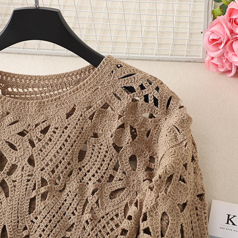 2024 Plus Size French Crochet Hollow Knit Long Sleeve Cardigan for Women - Retro Autumn Sweater Top