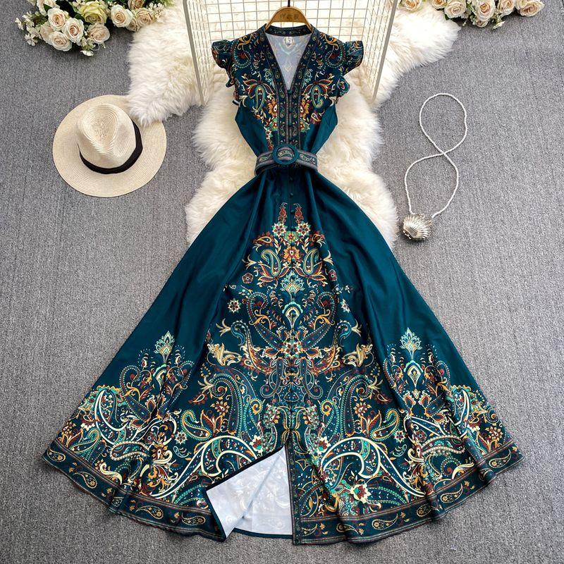 

Elegant Single Breasted V Neck Elegance A- line Printed Dress Peacock Blue S