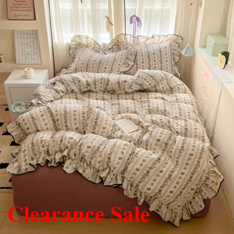 2025 New Cream Lace Girl Powder Grid Korean Version Bed 4-piece Set Washed Cotton Double-layer Yarn Quilt Cover Dormitory