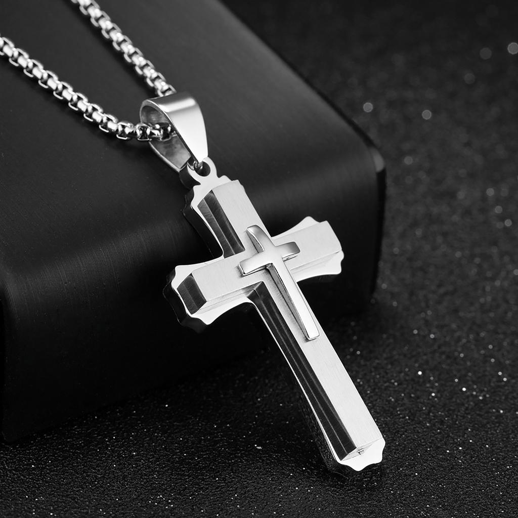 Cross Pendant White Steel 3 Layer Crucifix Cross Necklace for Men Clothing Matching Steel Color