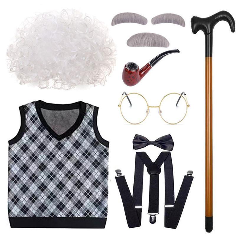 Classic Grandfather Costume Wig Set Featuring Short Soft Curly Hair And Stylish Vest For Kids