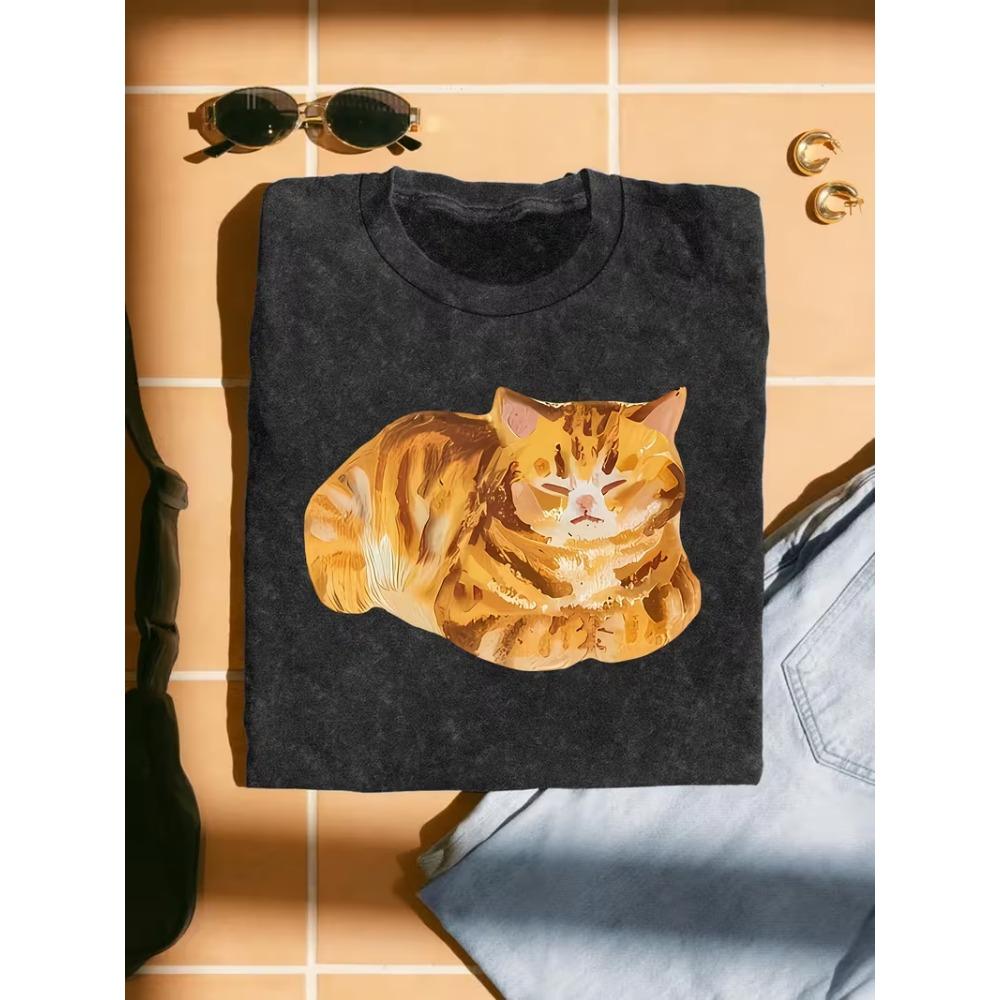 Vintage Trendy Cat Print T-Shirt Cute Sleepy Fat Cat Graphic Casual Crew Neck Short Sleeve Tee for Men Women Summer