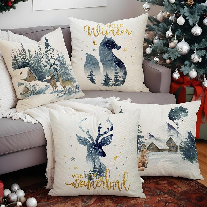 New Fox Deer Christmas Pillowcase Linen Printed Pillowcase Festive Room Sofa Decoration Cushion Cover