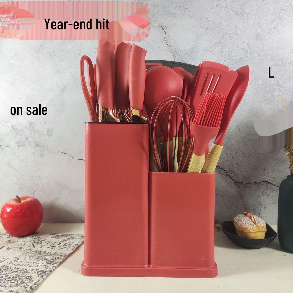 19-Piece Silicone Kitchen Knife Set with Holder: Chef Knife, Cooking Spoon, Shovel, and Household Cutlery.