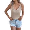 Spring and Summer Casual Solid Color Open-Weave Sleeveless V-Neck Knit Top for Women's Vacation Wear