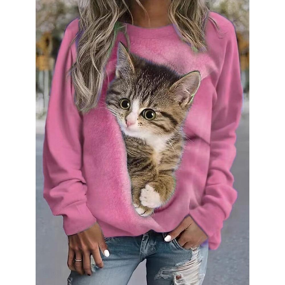 Fashionable Women's Cute Cat Pattern Sports Shirt 3D Printed Round Neck Long Sleeved Top Women's Clothing Street Wear Autumn Pullover