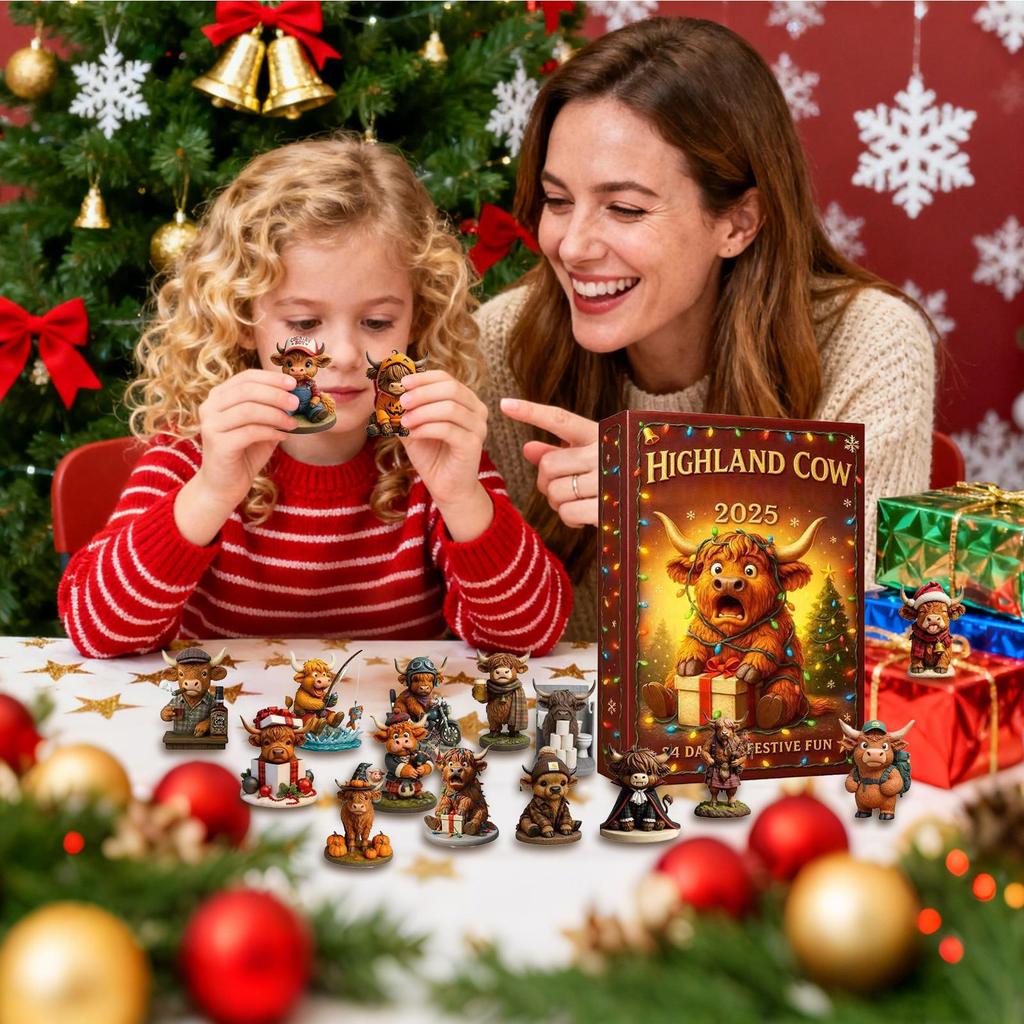 24pcs Christmas Advent Calendar 24 Days 3D Rubber Highland Cow Ornaments Christmas Tree Decorations Xmas Countdown Gifts