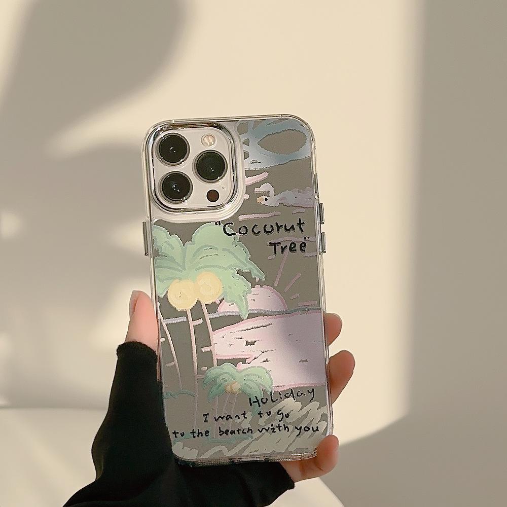 Summer Coconut Tree 14pro Max Suitable for IPhone16 IPhone Case 11 Makeup Mirror 12 Advanced 15 Niche