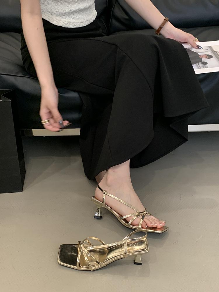Golden ribbon Roman sandals women's spring and summer 2025 new versatile open-toed square-heeled one-word cool slippers