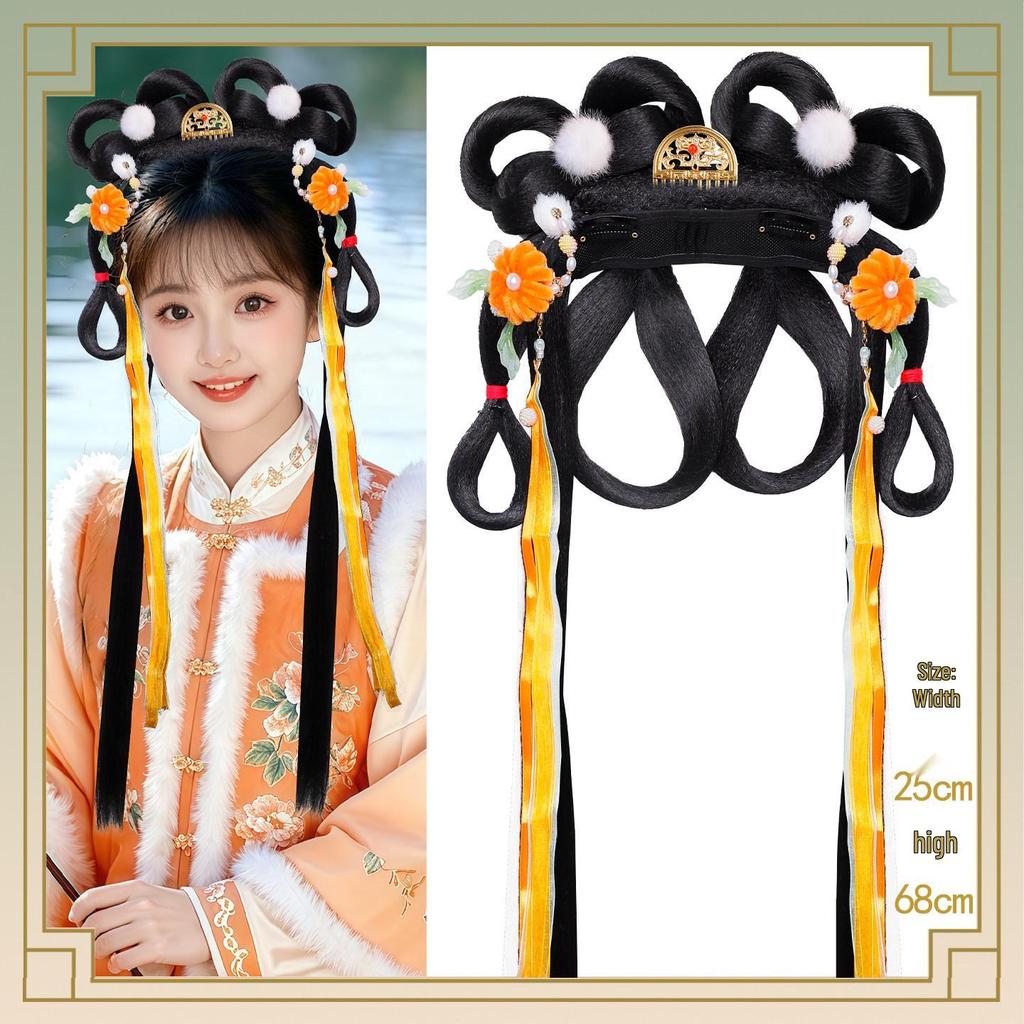 Ancient Hanfu Wig Accessory Set: Sweet Hair Bun with Tassel Flower Headdress for Women