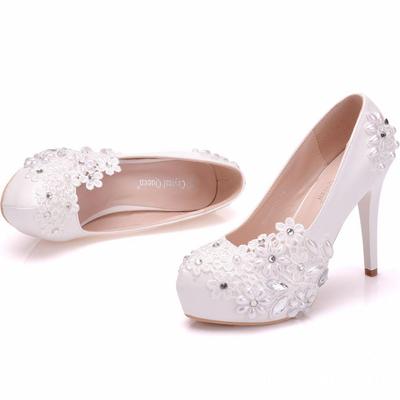 White Floral Lace Shiny Crystal Wedding Shoes Bridal High Heels