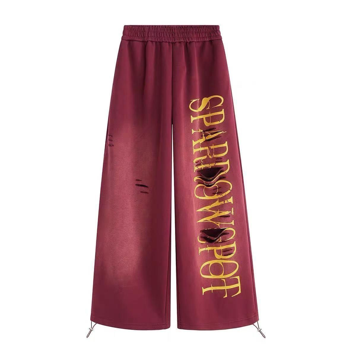 Women s Retro Washed Letter Print High-Waist Wide-Leg Pants M