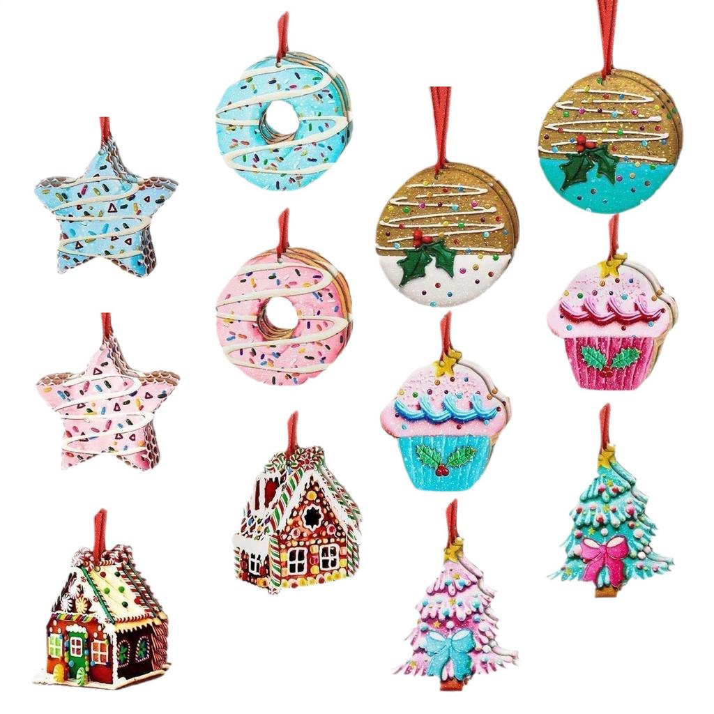 Wooden Christmas Ornaments 24 Wooden Gingerbread House Donut Cake Hangings 24 Pieces Party Decoration for Candy Parties