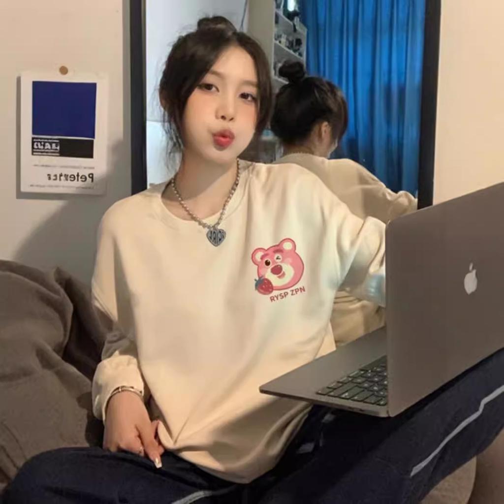 Japanese cute strawberry bear print crew neck autumn and winter Korean version oversize loose age-reducing jacket sweater women