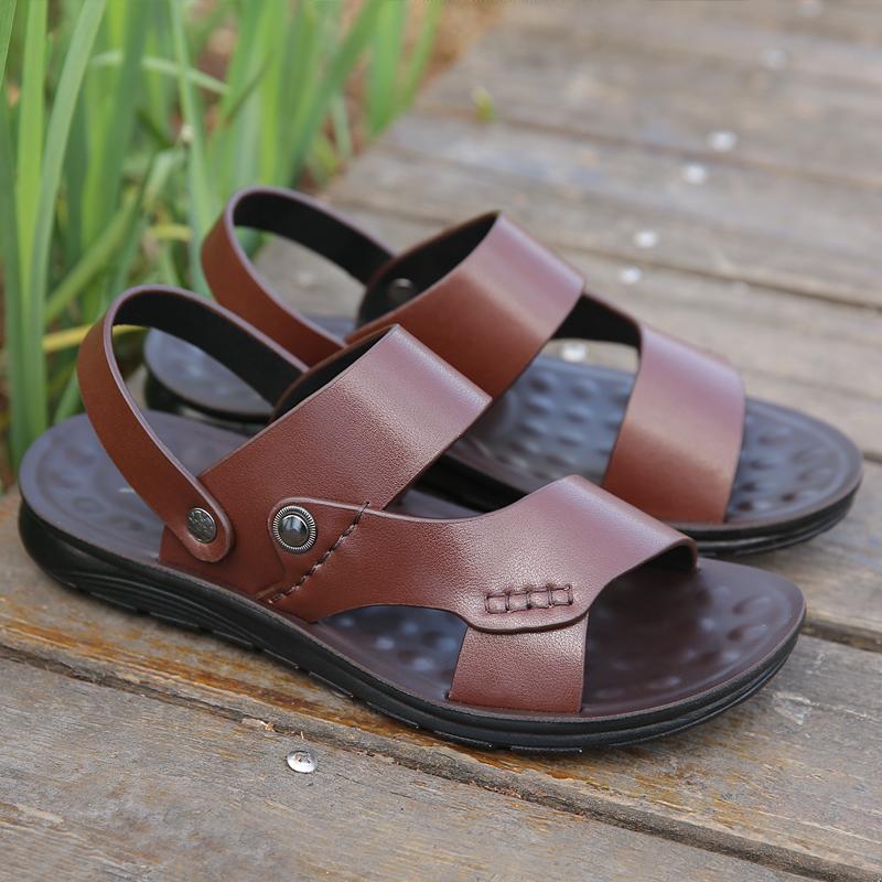 Fashion Mens Fashion Summer Shoes New Outdoor Leather Sandals Non-slip Beach Flats Dual-Purpose Male Slippers Travel Open-toe  Half Drag