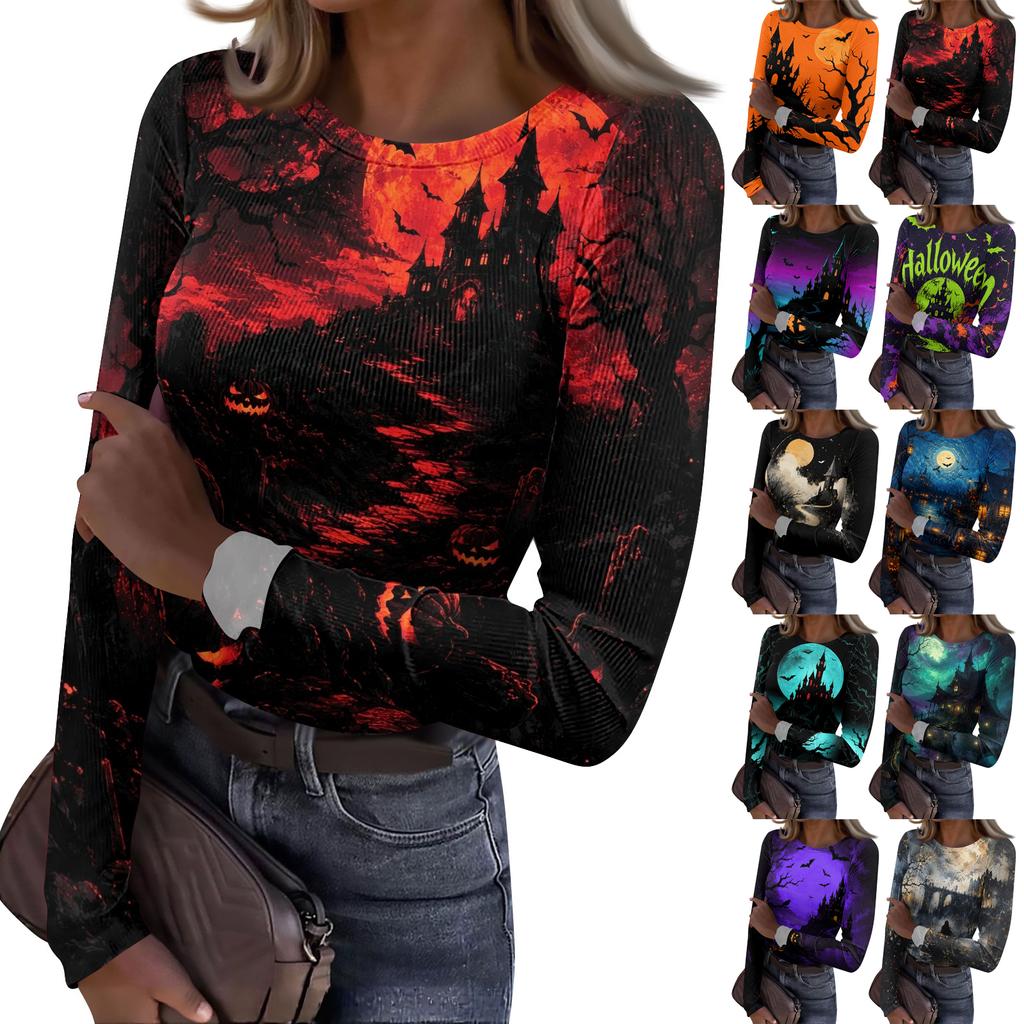 Womens Long Sleeve Halloween Print Fitted Crew Neck Base Layer T Shirt Slim Fit Stretchy Top for Casual Wear