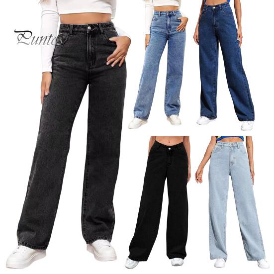 Gerade Schlagjeans für Damen, hohe Taille, Knopfverschluss, Hose mit Reißverschluss, einfarbige Jeanshose mit Taschen für den Alltag, Schulweg
