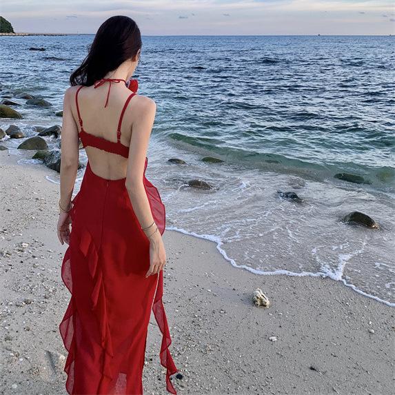 French Skinny Irregular Red Suspender Dress Women's Senior Sexy Beautiful Dress Seaside Vacation Beach Dress