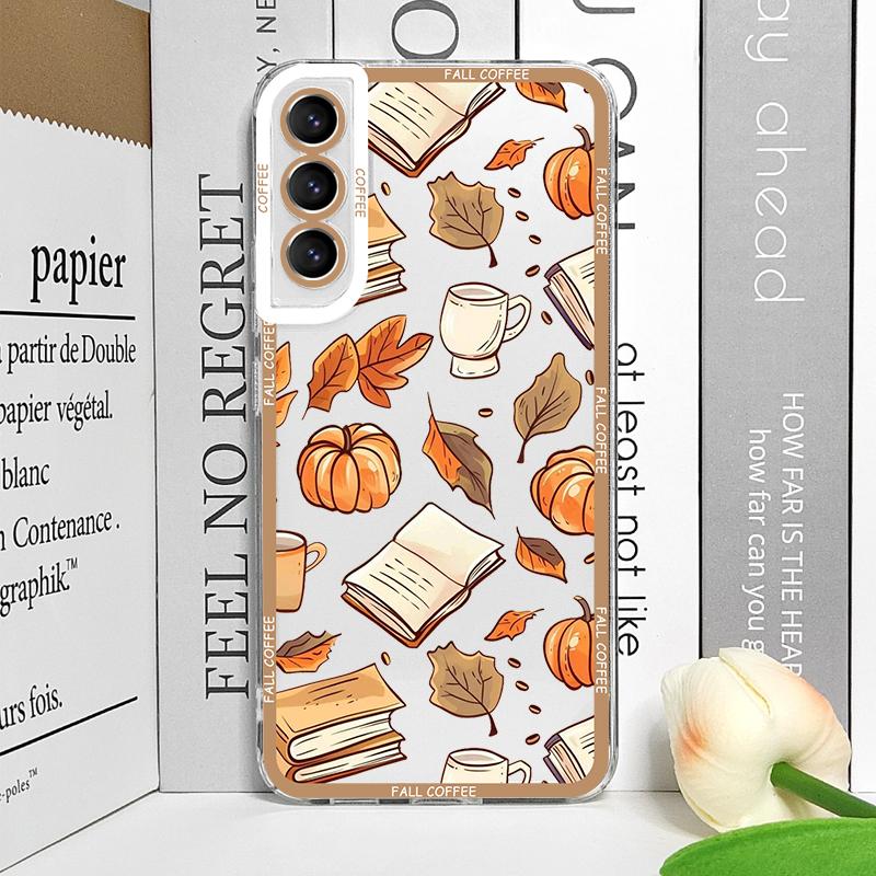 Fall Maple Leaf Pumpkin Coffee Transparent Phone Case for Samsung Galaxy S25 S24 S23 Ultra S22 S21 S20 Plus S24 FE 5G Soft Cover